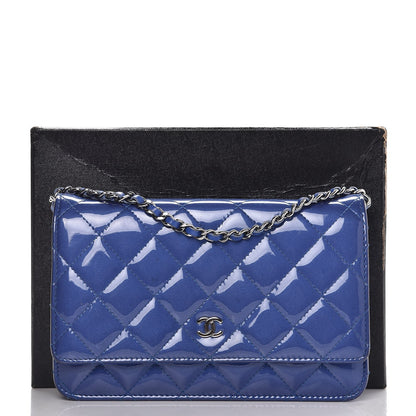 Chanel Patent Quilted Wallet On Chain WOC Blue 9 of 9