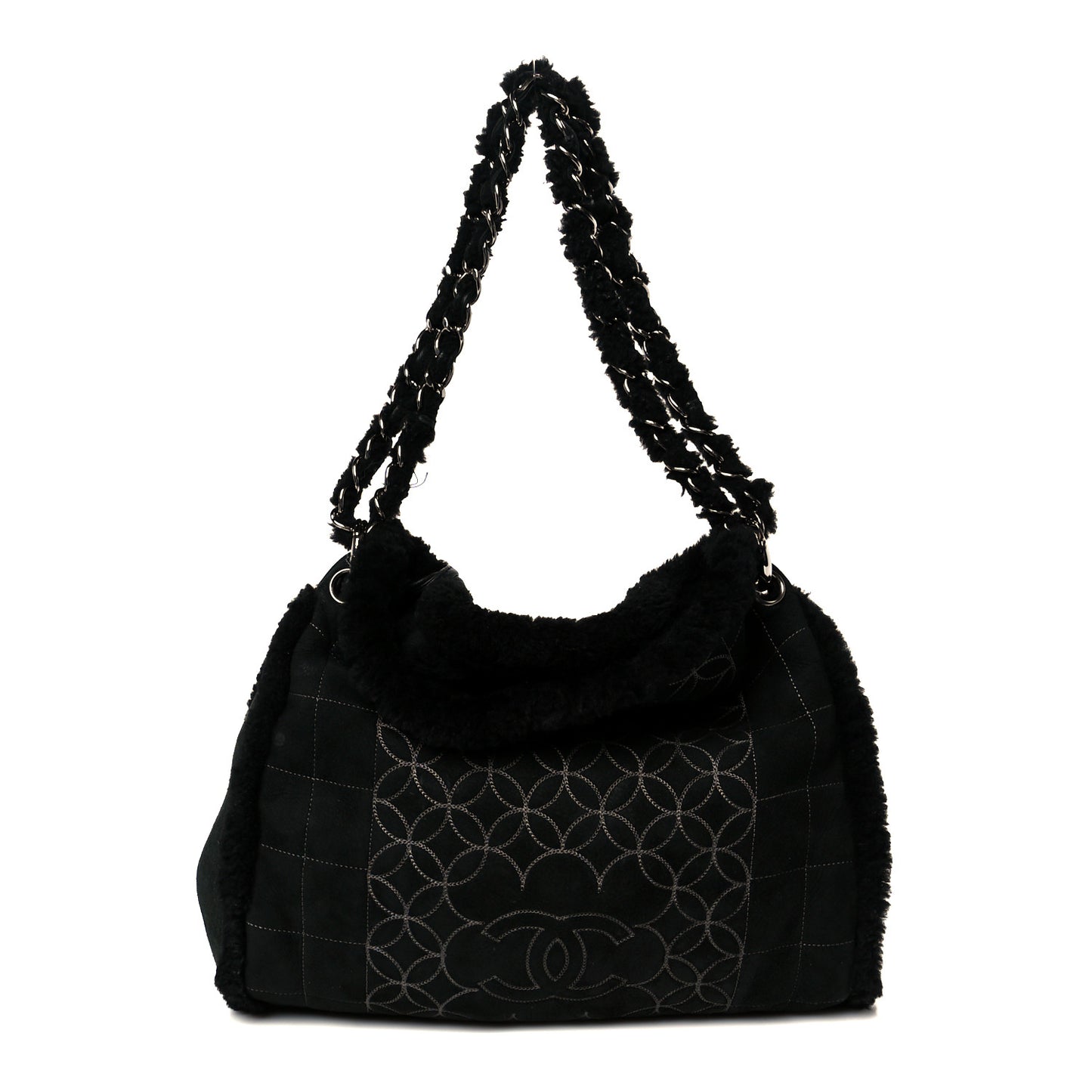 Shearling Suede Stitched CC Tote Black