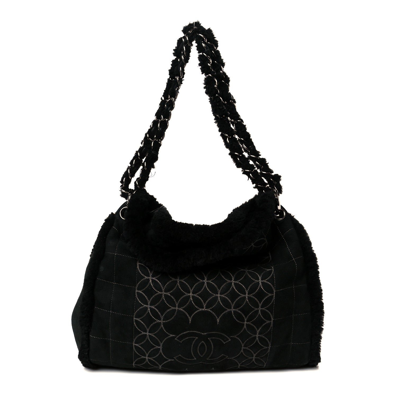 Chanel Shearling Suede Stitched CC Tote Black 1 of 12