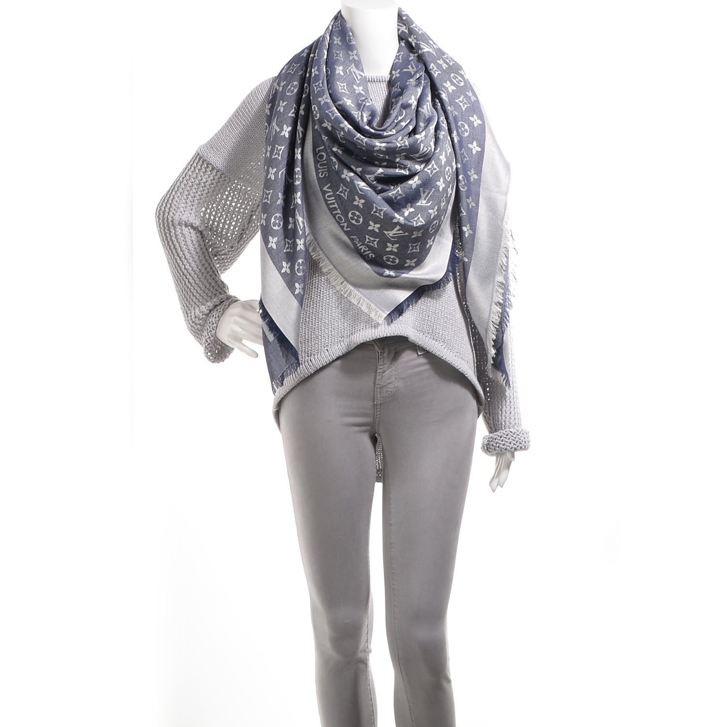Louis Vuitton Silk Wool Monogram Denim Shawl Blue 2 of 5