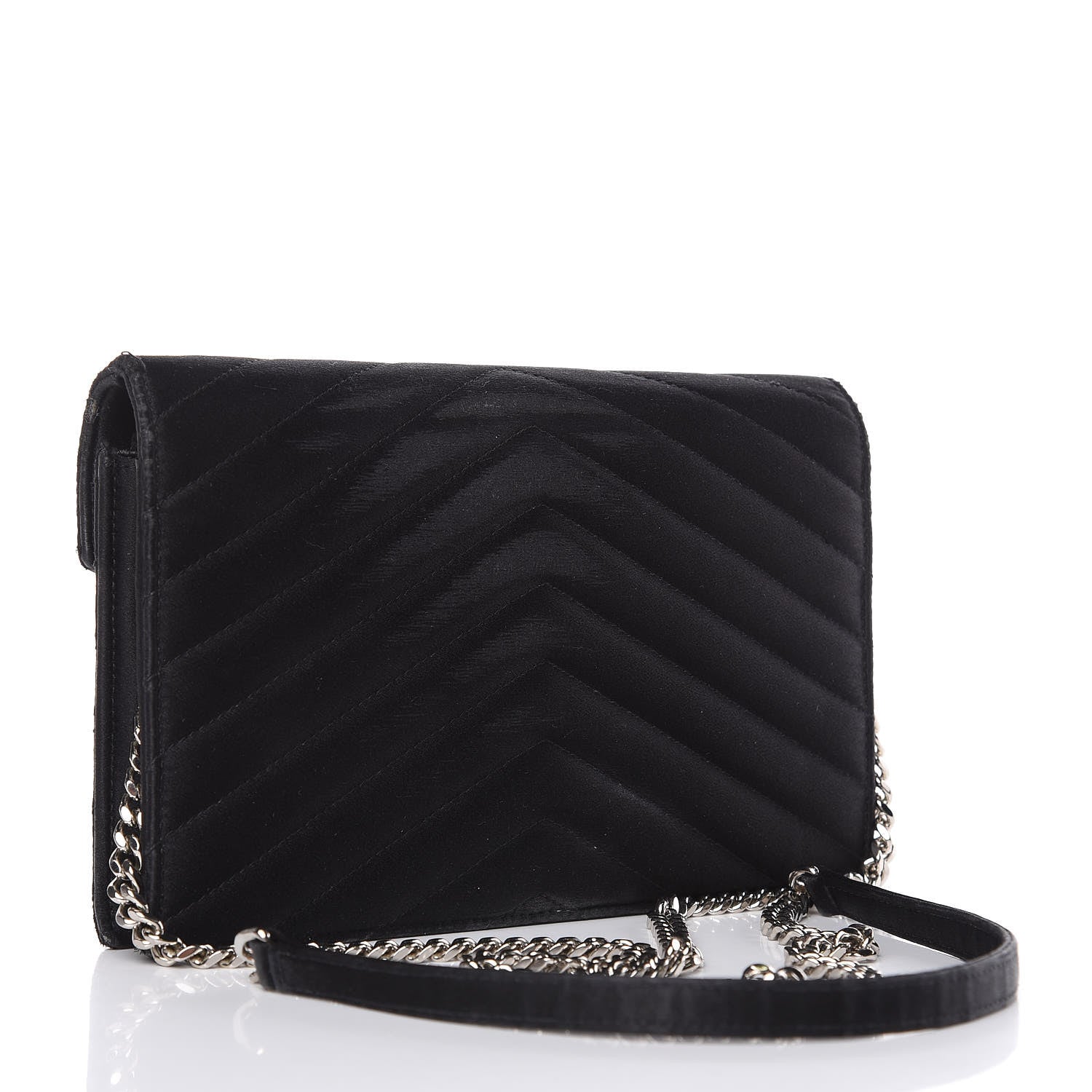 Saint Laurent Satin Chevron Monogram Envelope Chain Wallet Black 3 of 15