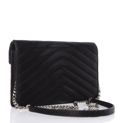 Saint Laurent Satin Chevron Monogram Envelope Chain Wallet Black 3 of 15
