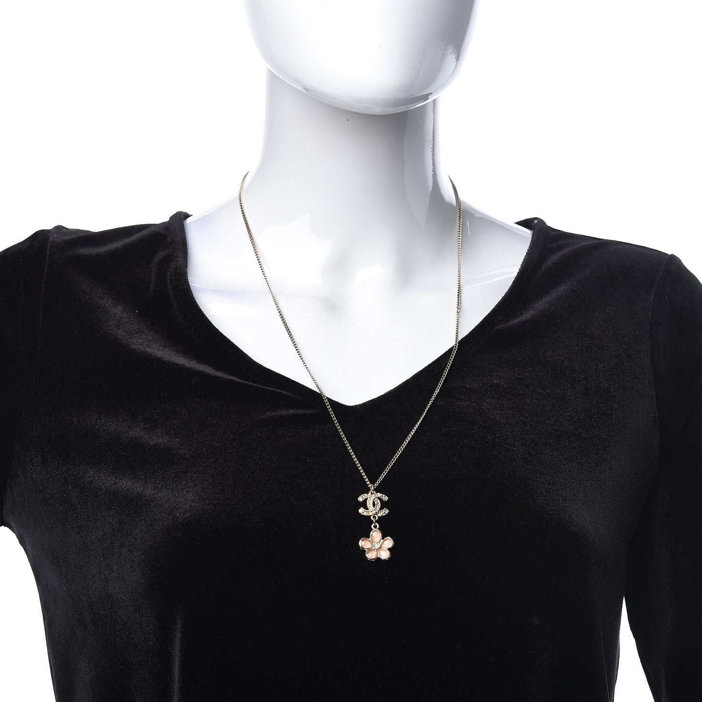 Enamel Crystal CC Camellia Pendant Necklace Beige Gold