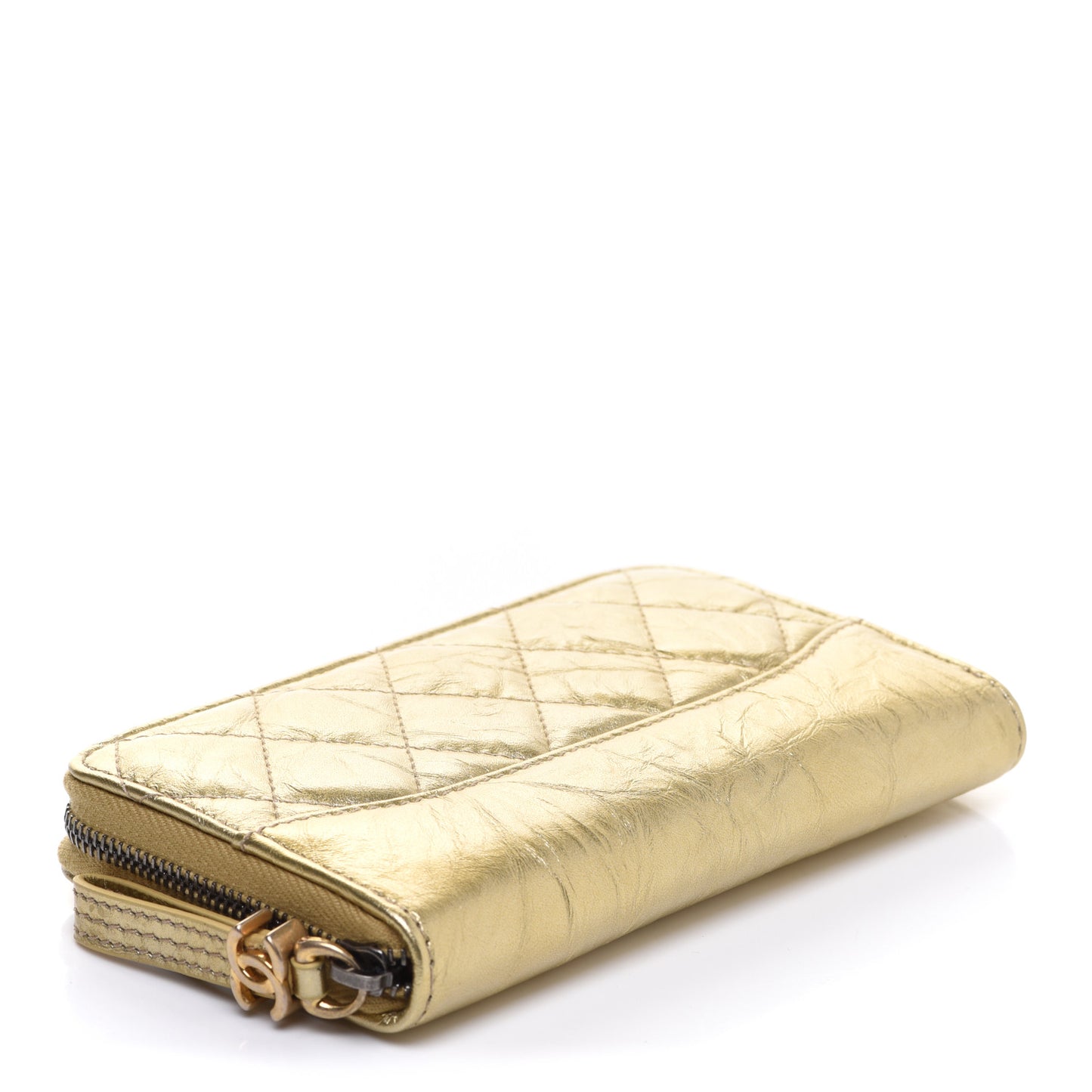 Metallic Aged Calfskin Quilted Small Gabrielle Zip Around Wallet Gold