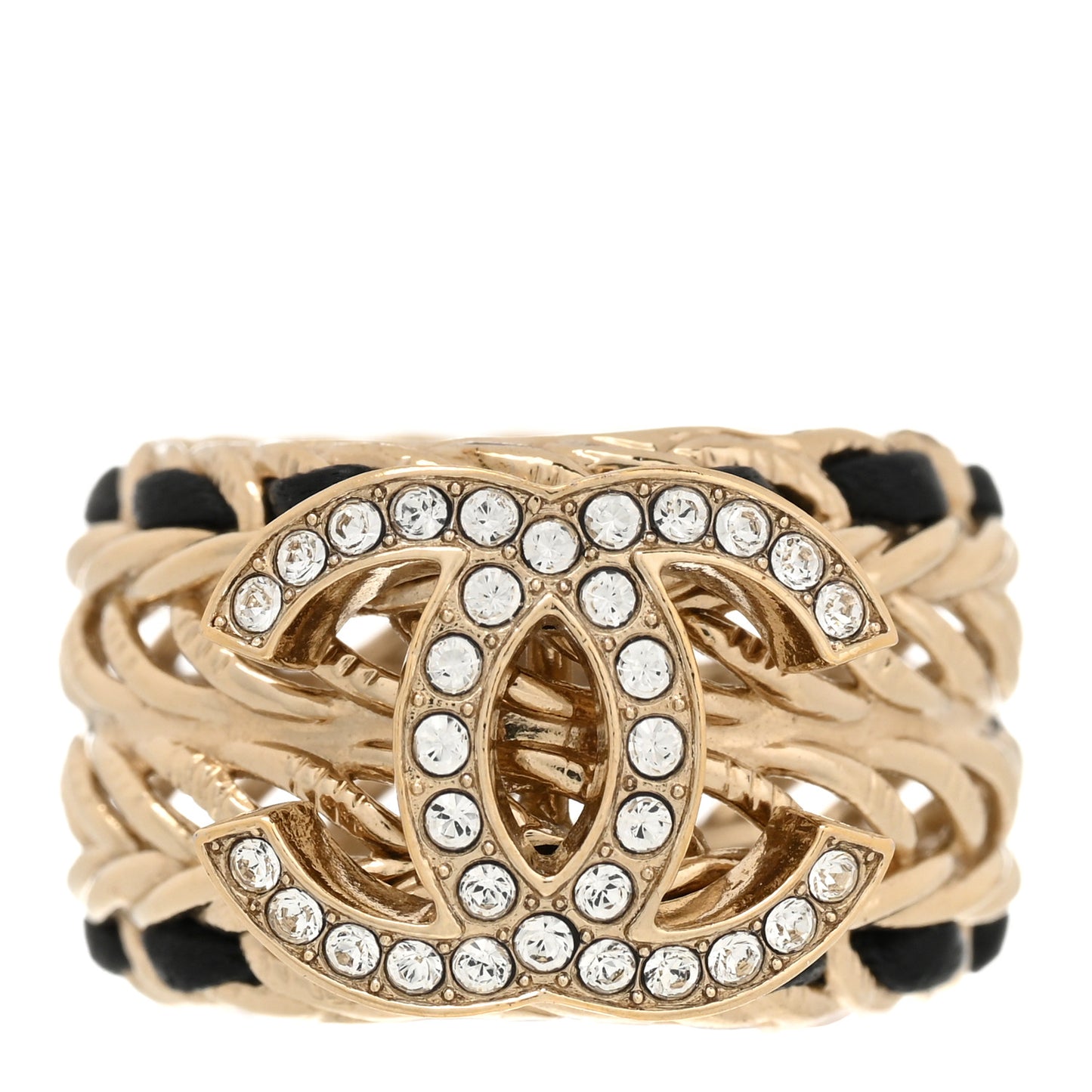Metal Crystal Lambskin CC Ring 49 5 Gold Black