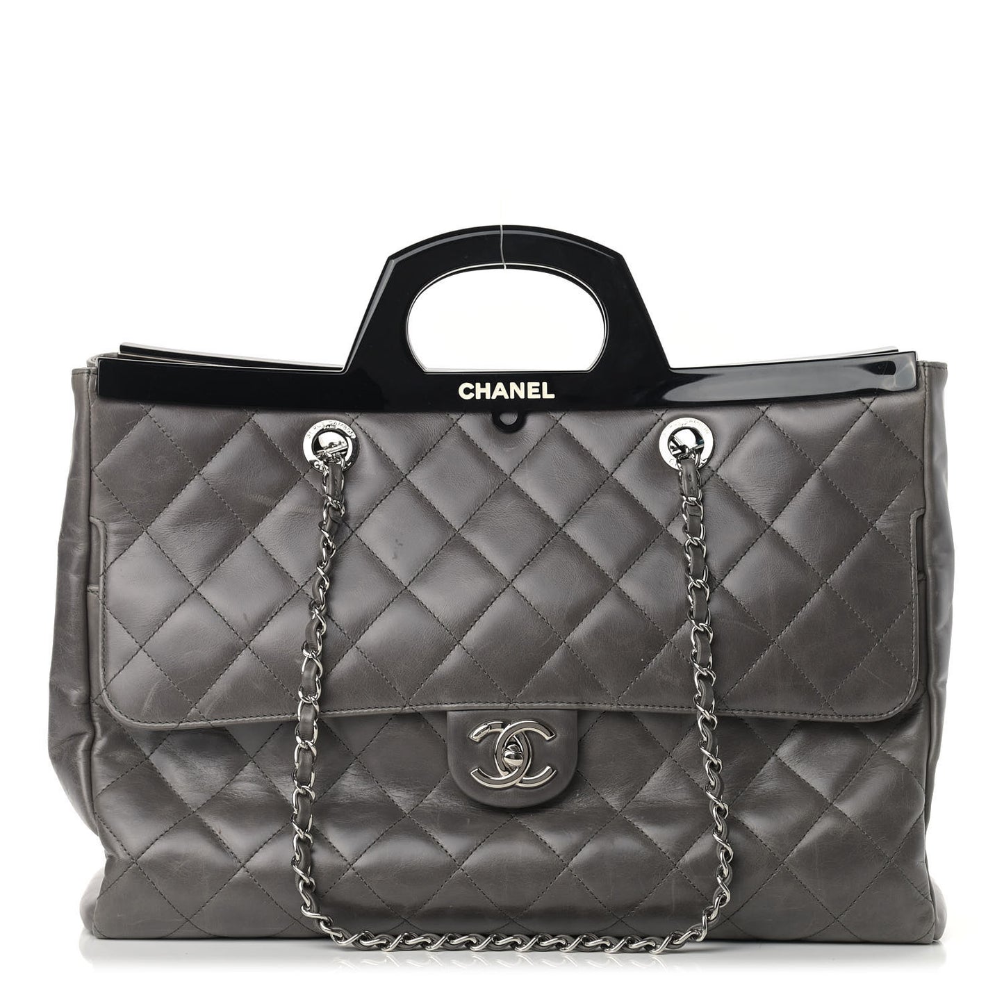 Glazed Calfskin Quilted Large CC Delivery Tote Grey