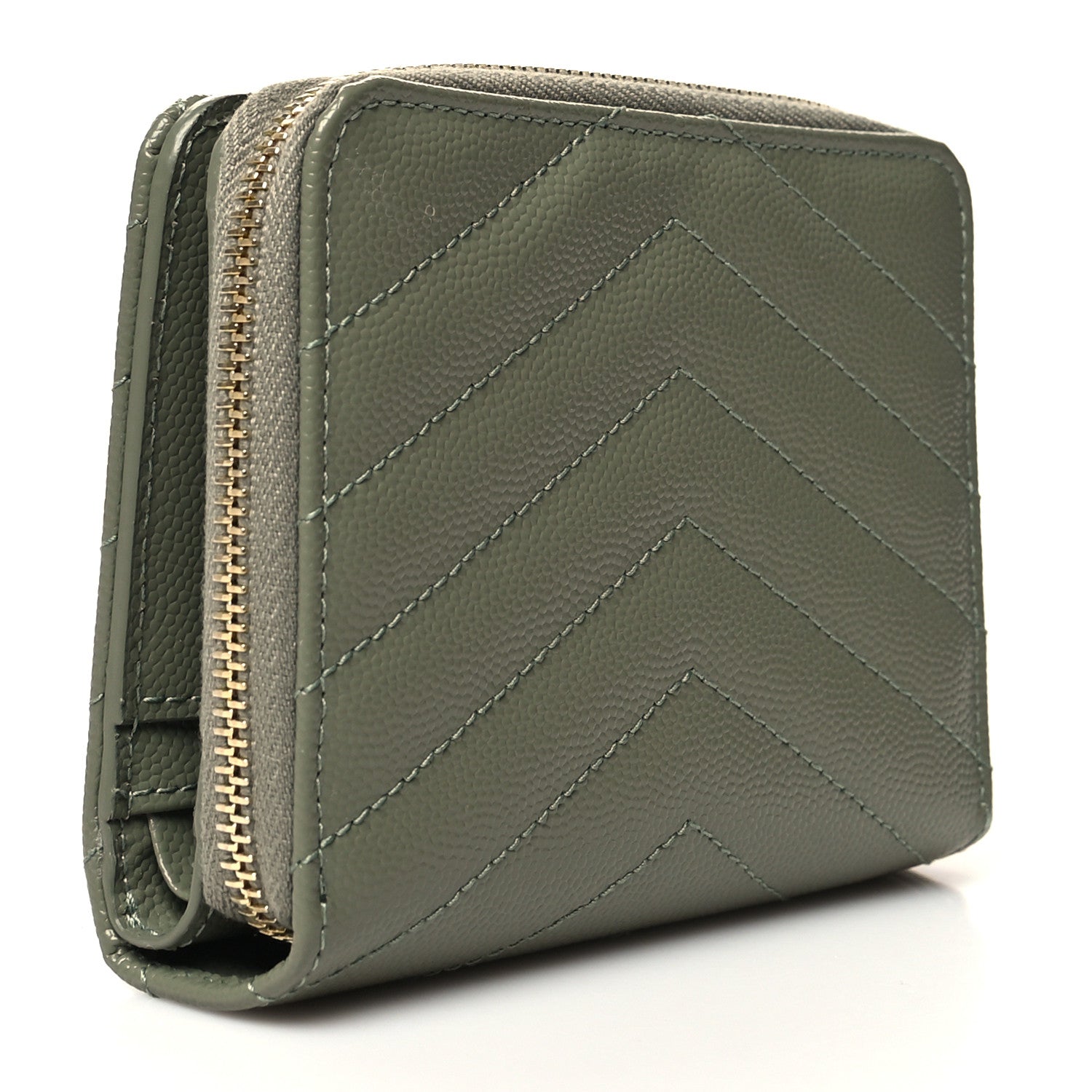 Saint Laurent Grain De Poudre Matelasse Chevron Monogram Compact Zip Around Wallet Vert Kaki 3 of 9