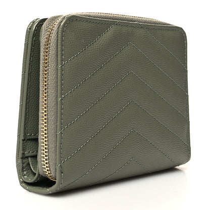 Saint Laurent Grain De Poudre Matelasse Chevron Monogram Compact Zip Around Wallet Vert Kaki 3 of 9