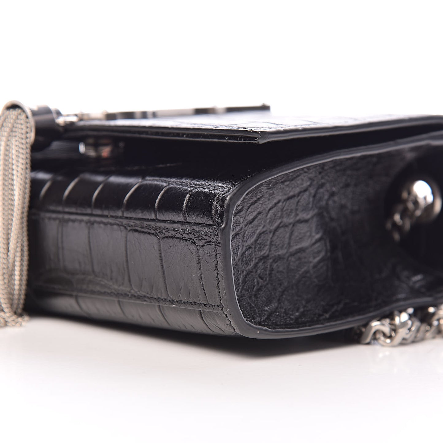 Calfskin Crocodile Embossed Monogram Small Kate Tassel Satchel Black