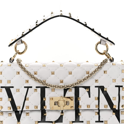 Valentino Garavani Lambskin VLTN Print Medium Rockstud Spike Shoulder Bag Optic White Black 7 of 14