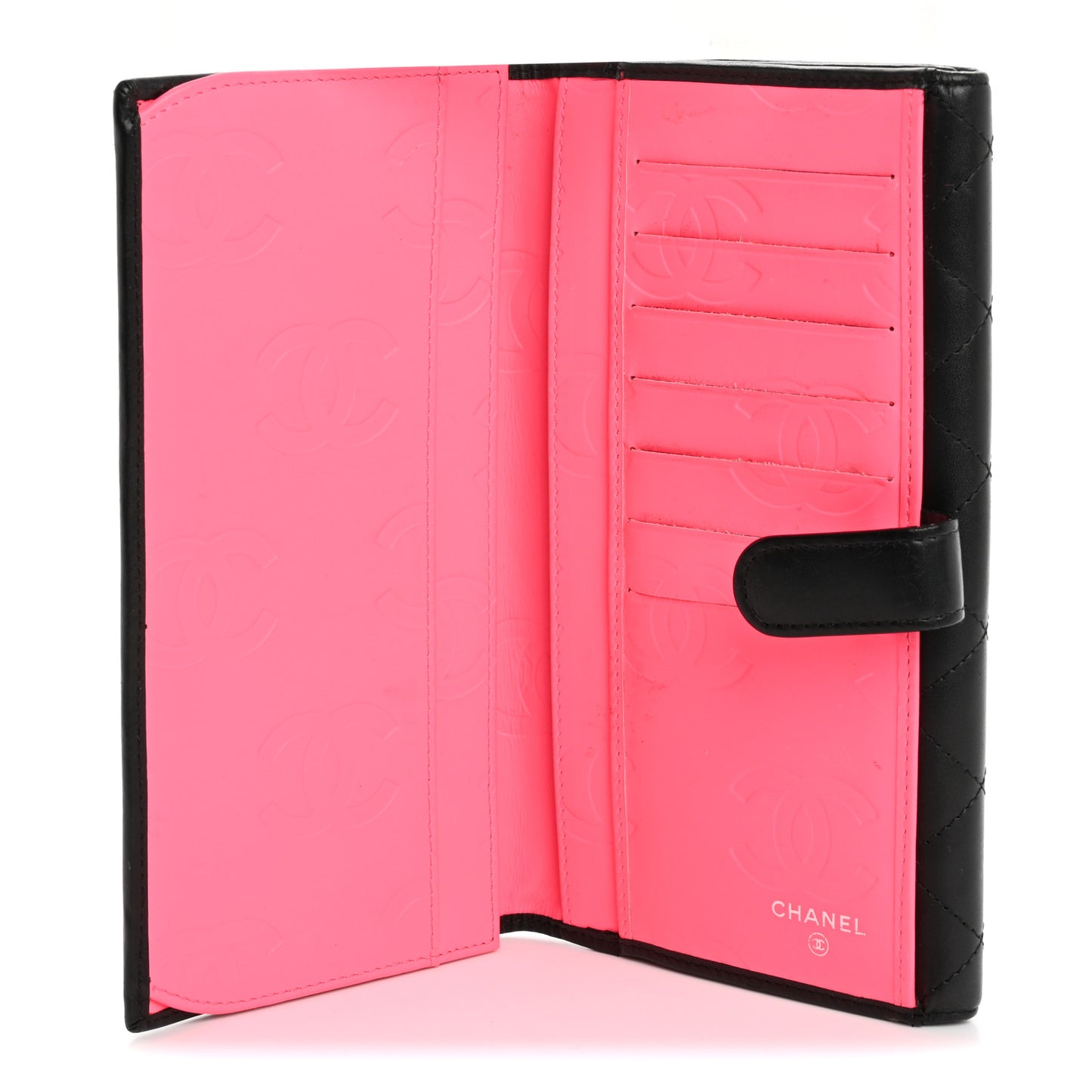 Calfskin Quilted Cambon Tri-Fold Wallet Black Black