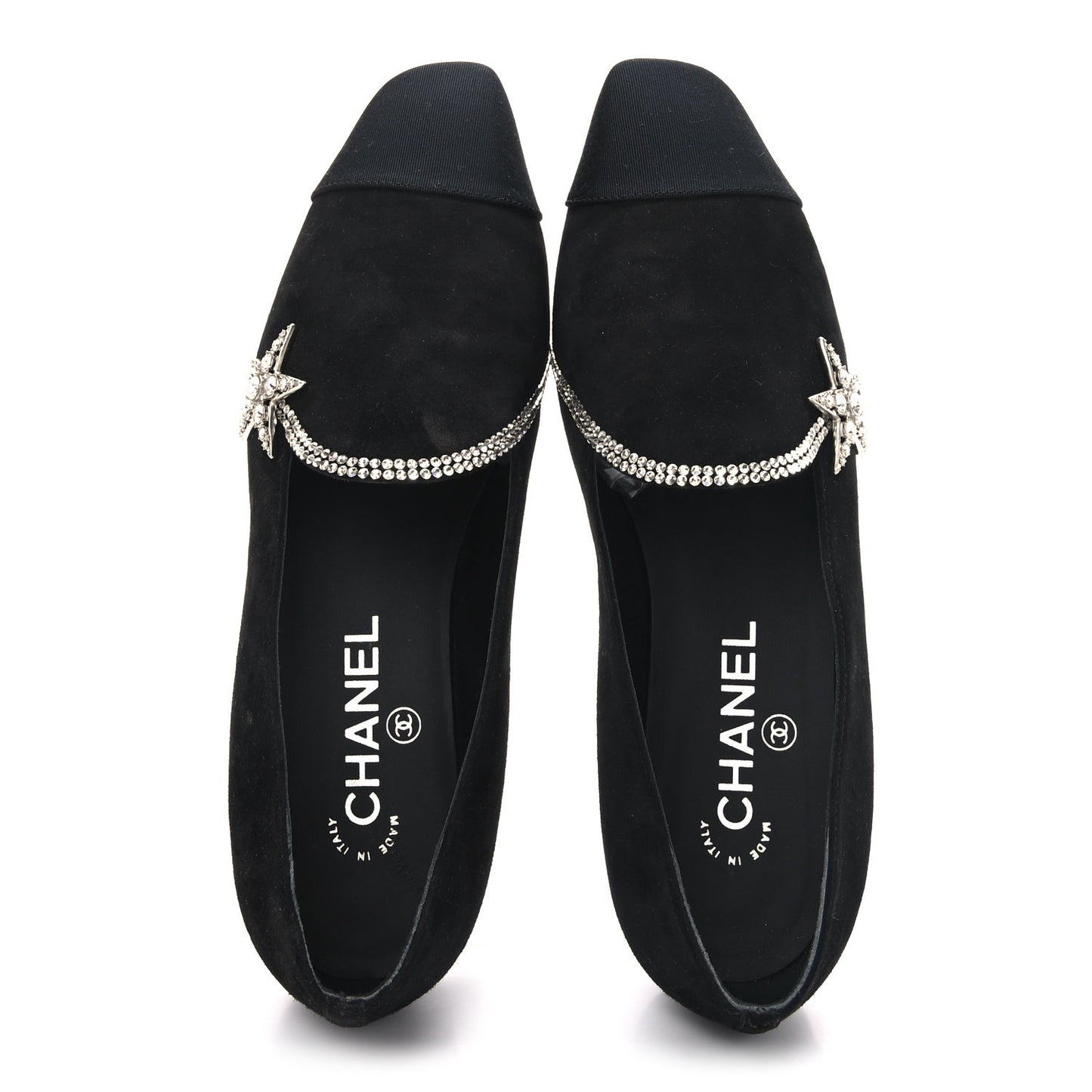 Suede Calfskin Grosgrain Crystal Star Mocassin Loafers 38 Black
