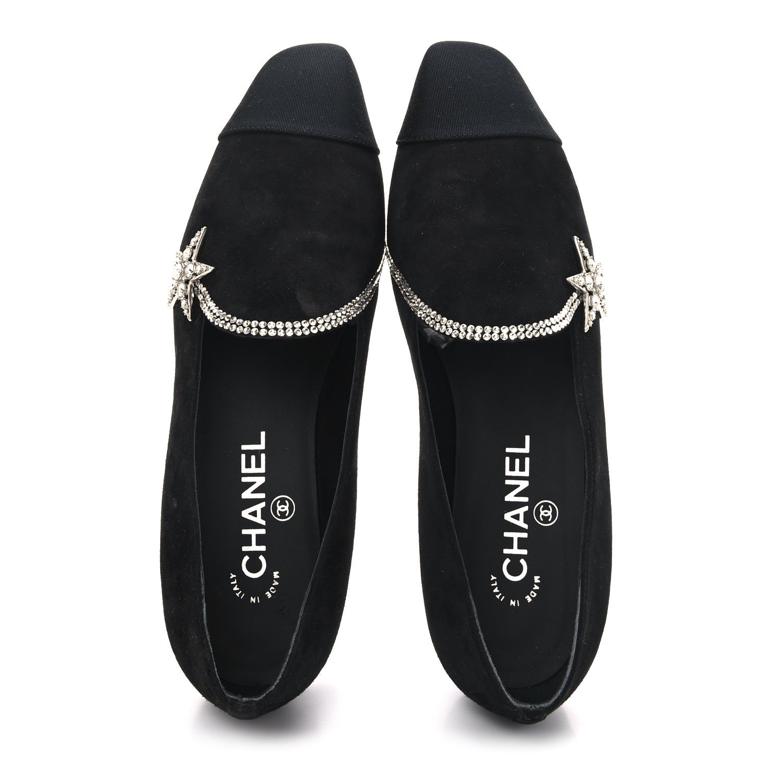 Chanel Suede Calfskin Grosgrain Crystal Star Mocassin Loafers 38 Black 2 of 9