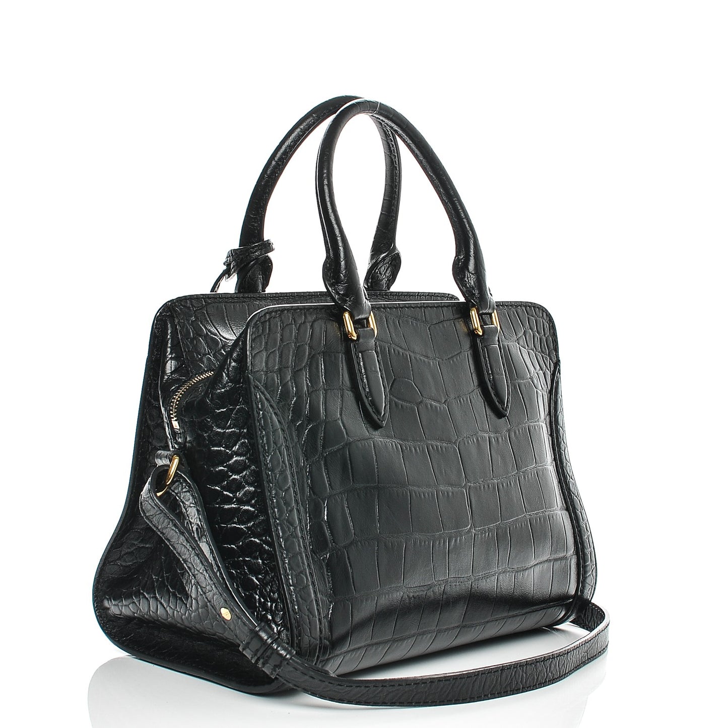 Calfskin Crocodile Embossed Small Skull Padlock Zip Around Tote Black