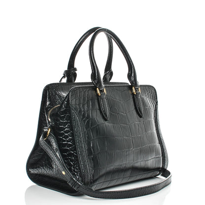 Alexander McQueen Calfskin Crocodile Embossed Small Skull Padlock Zip Around Tote Black 3 of 6