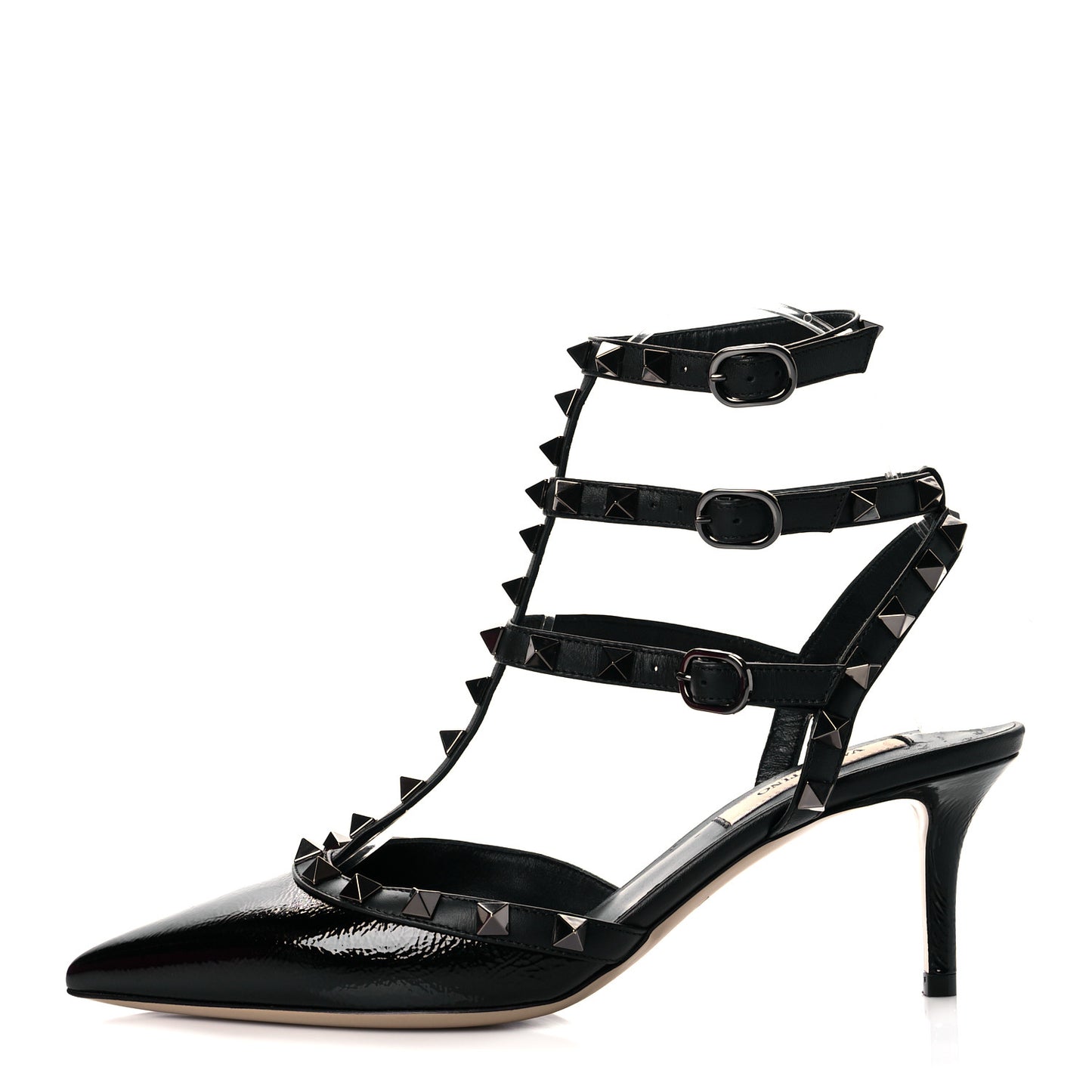 Crinkled Patent Rockstud Ankle Strap 65mm Pumps 36.5 Black