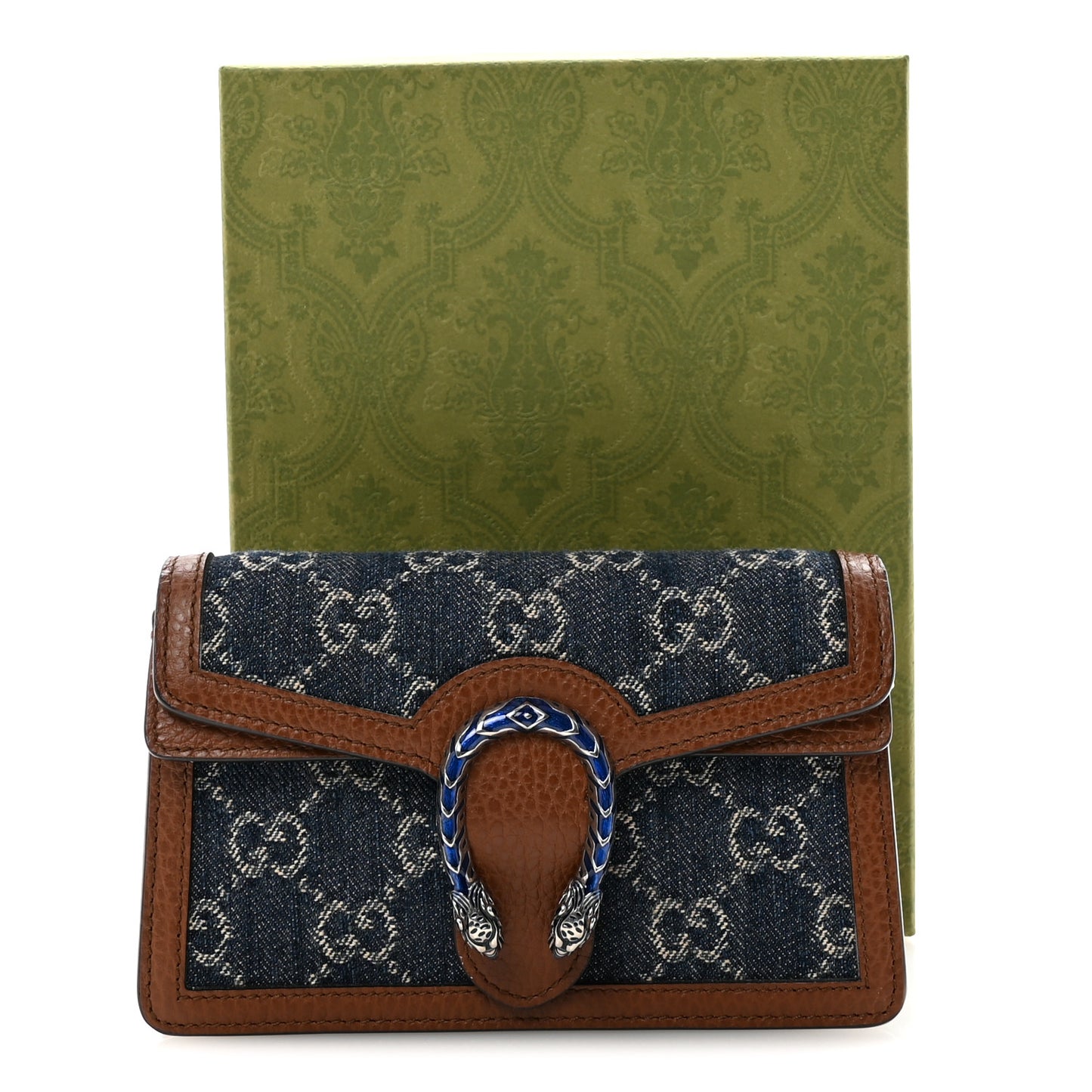 New Denim GG Monogram Dollar Calfskin Enamel Super Mini Dionysus Shoulder Bag Blue Tea Cuir Epilog Electric Blue