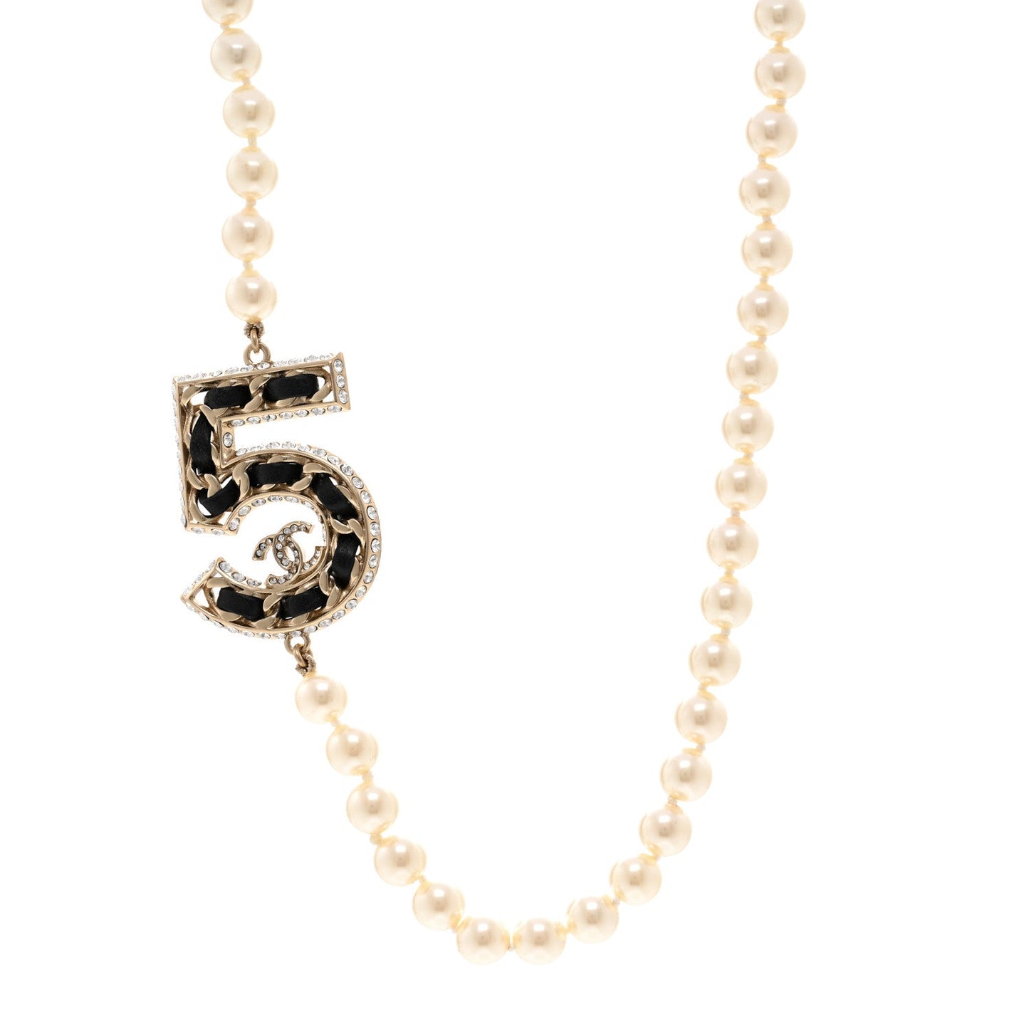 Pearl Crystal Lambskin Chain CC No 5 Short Necklace Gold