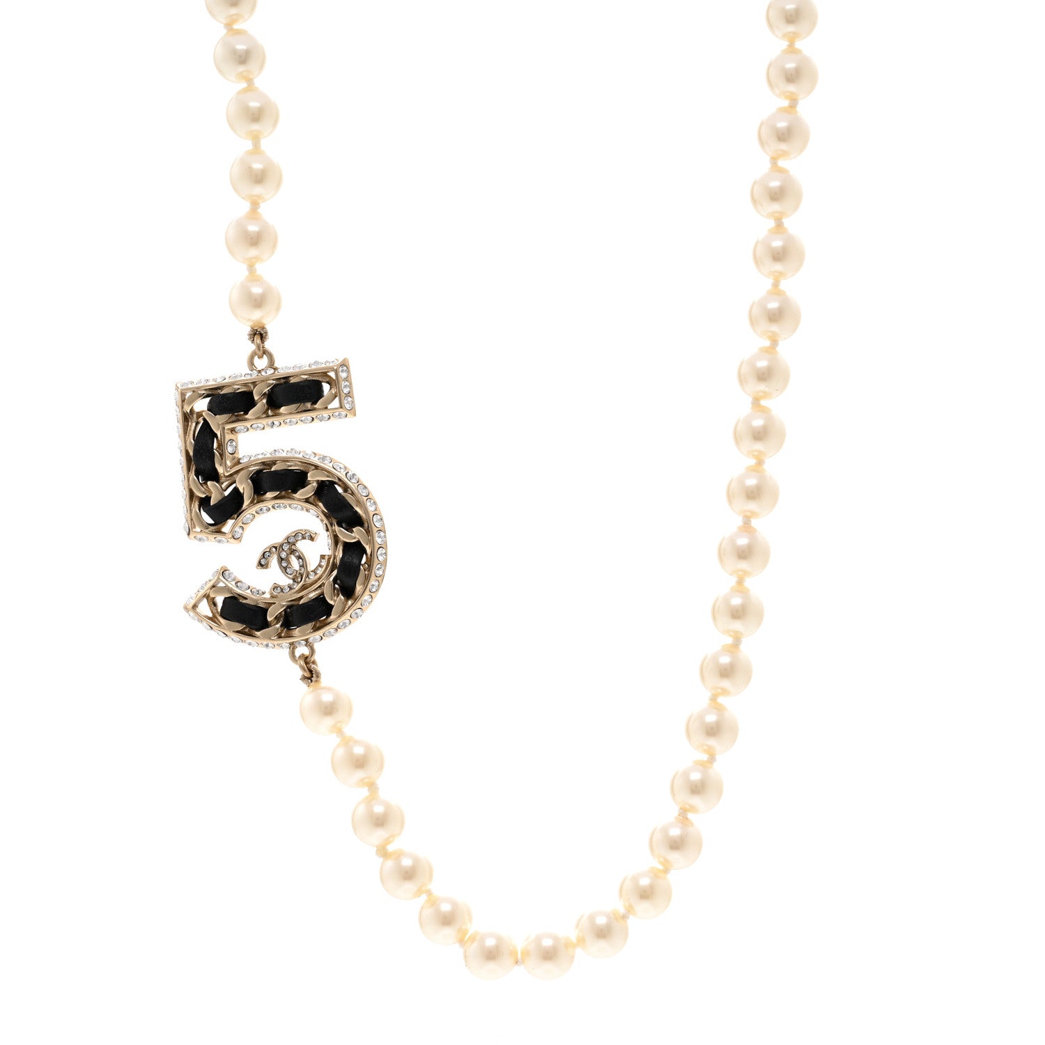 Chanel Pearl Crystal Lambskin Chain CC No 5 Short Necklace Gold 1 of 5
