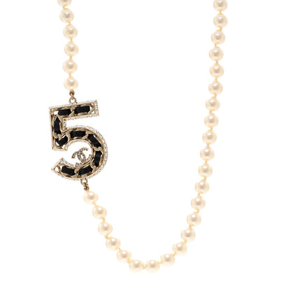 Chanel Pearl Crystal Lambskin Chain CC No 5 Short Necklace Gold 1 of 5