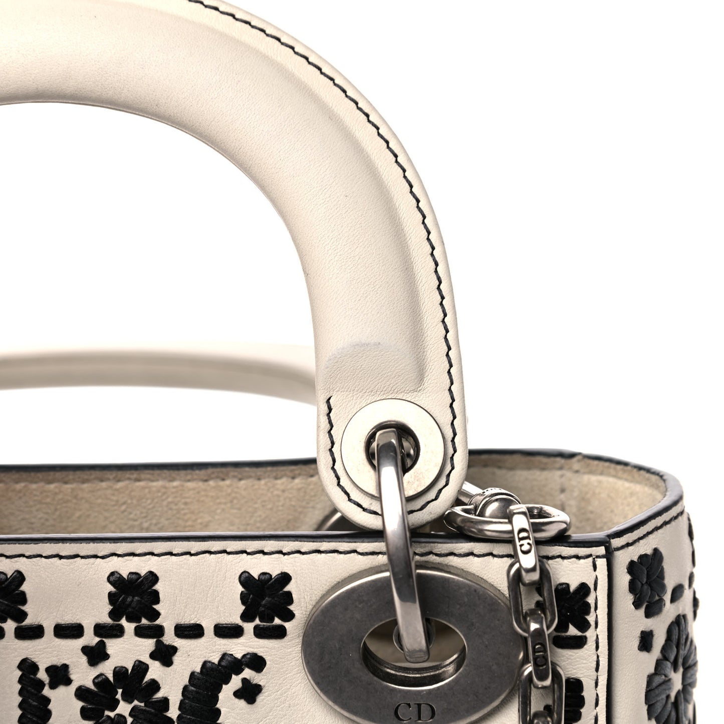 Calfskin Floral Embroidered Mini Lady Dior Black White
