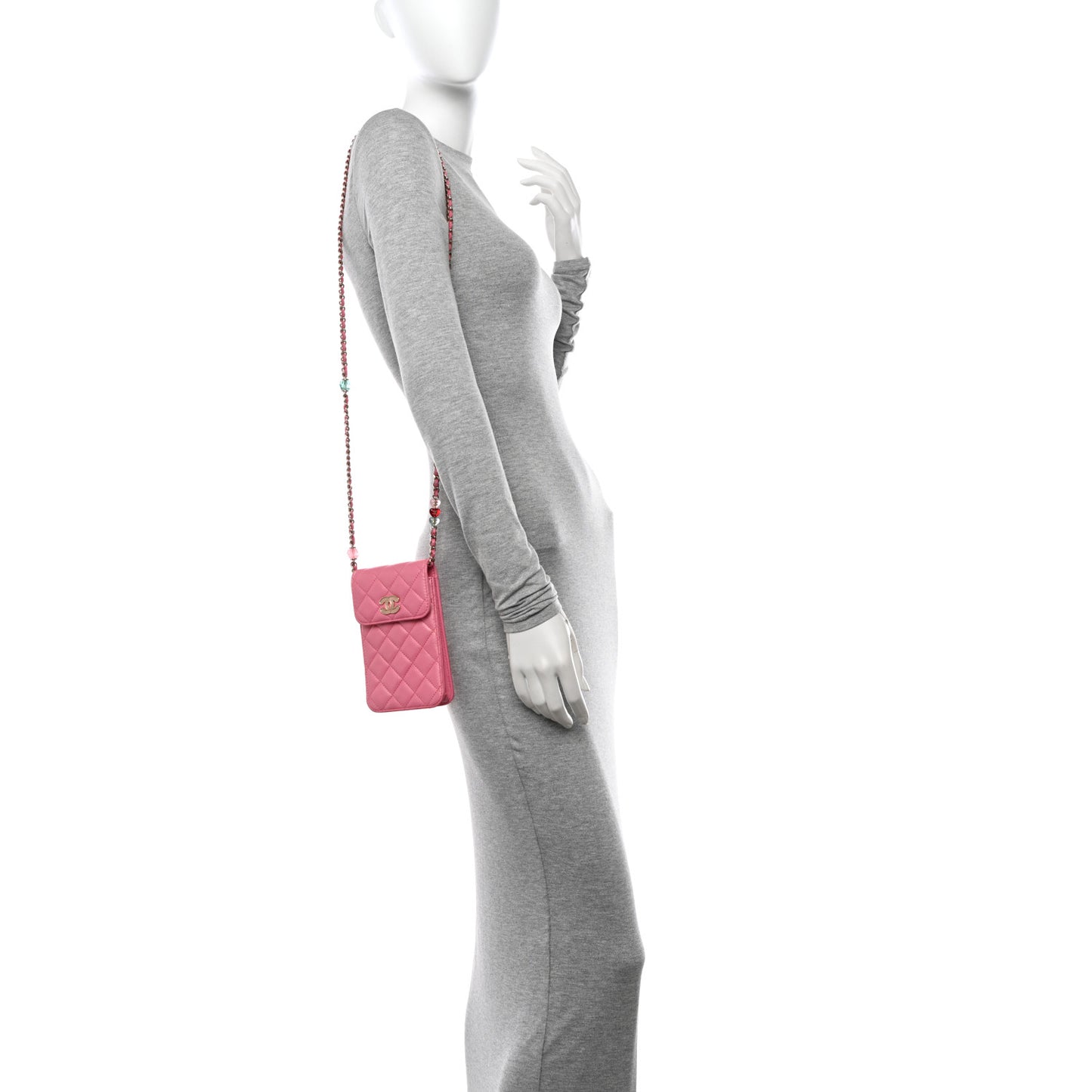 Lambskin Resin Quilted Phone Holder With Chain Pink
