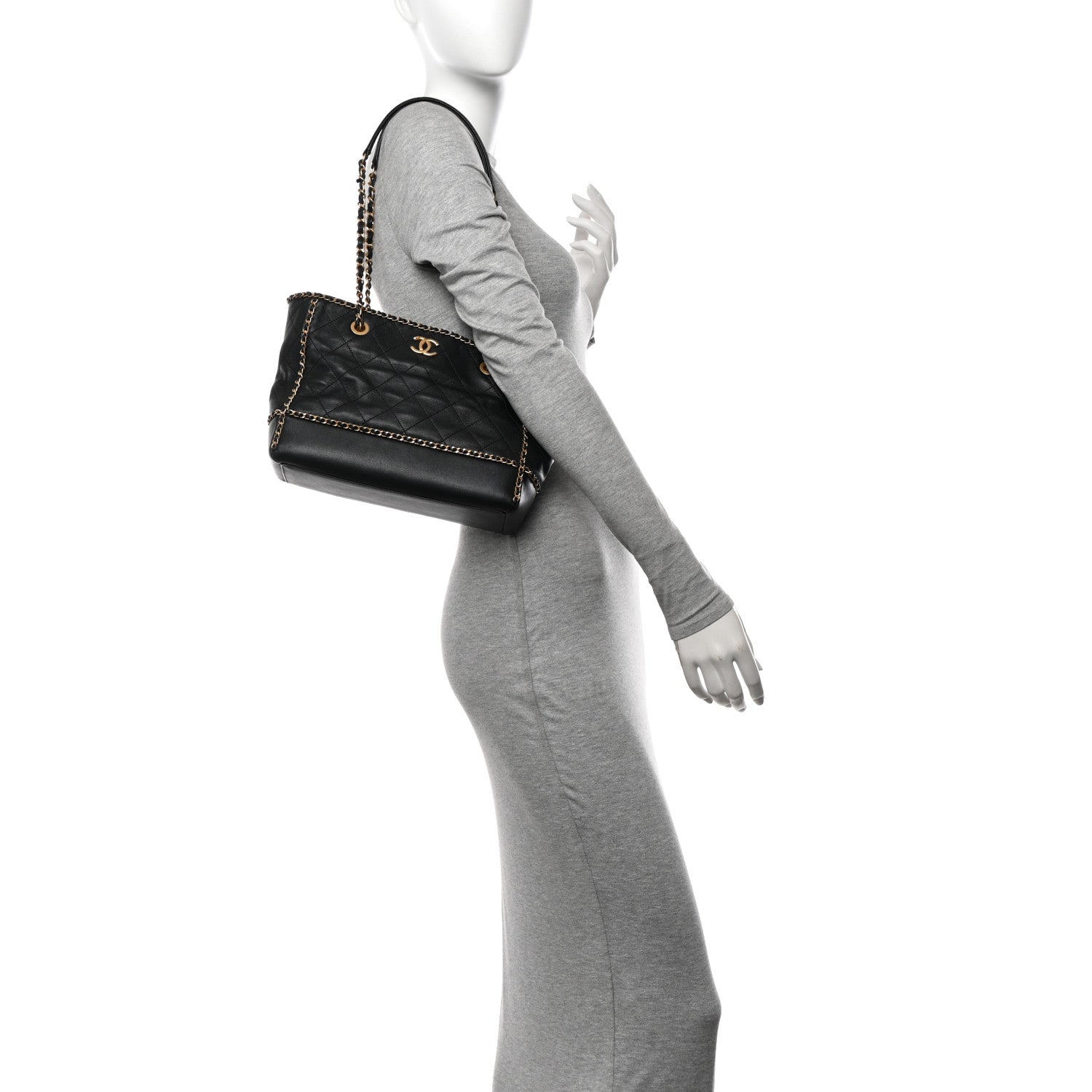 Chanel Calfskin Quilted Chain Lines Shopping Tote Black 2 of 12
