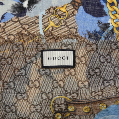 Gucci Wool Jacquard GG Monogram Big Panshie Fringe Shawl Sapphire Beige 4 of 4
