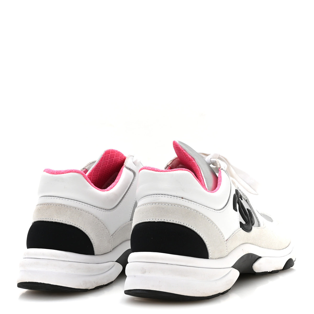 Calfskin Fabric Sneakers 37.5 White Silver Fluo Pink