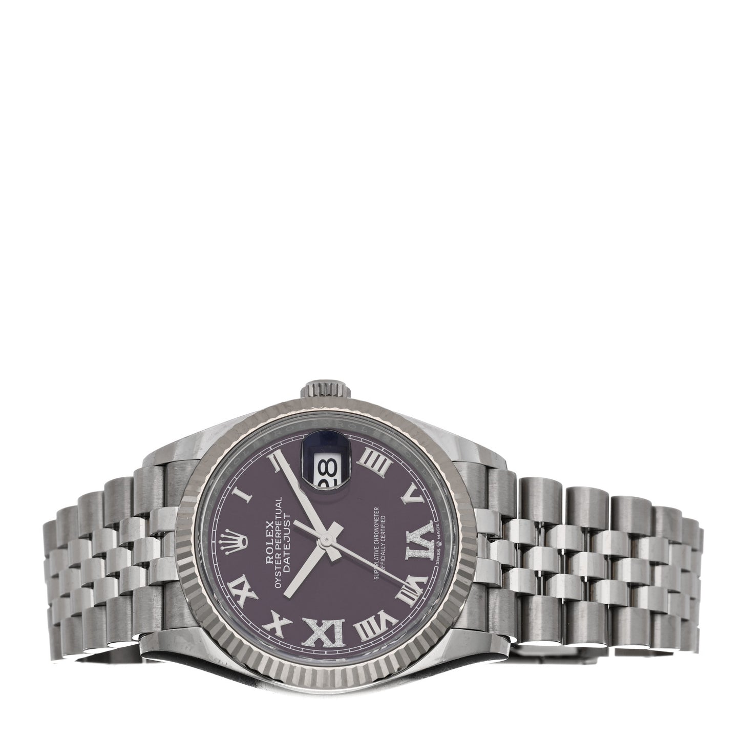 Stainless Steel 18K White Gold Diamond 36mm Oyster Perpetual Datejust Watch Aubergine Roman 126234