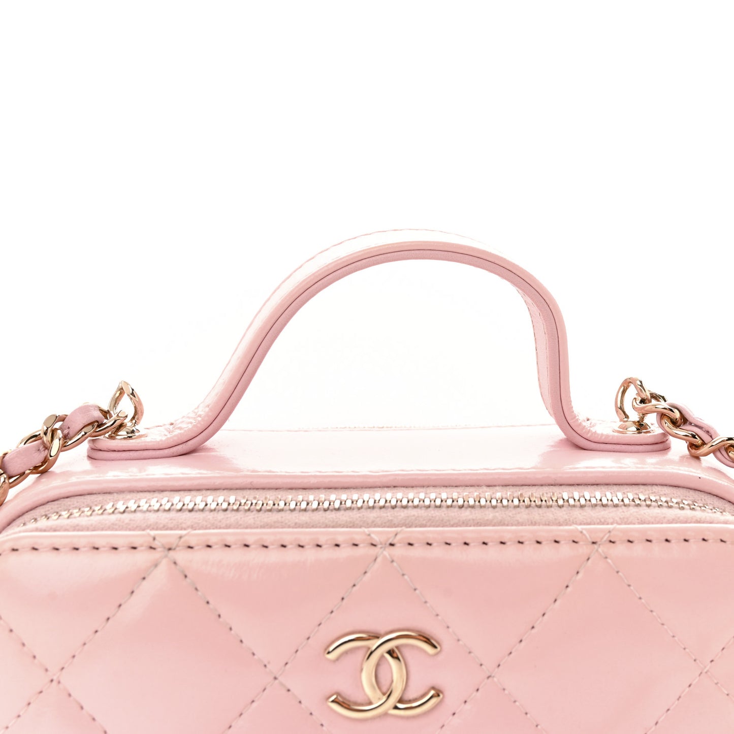 Glazed Calfskin Quilted Small Top Handle Vanity Case Light Pink