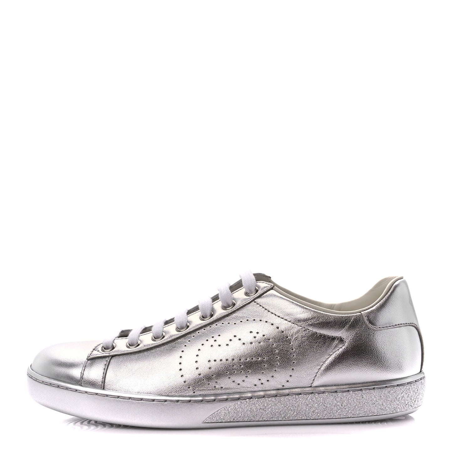 Metallic Nappa Interlocking G Perforated Womens Ace Sneakers 38 Silver