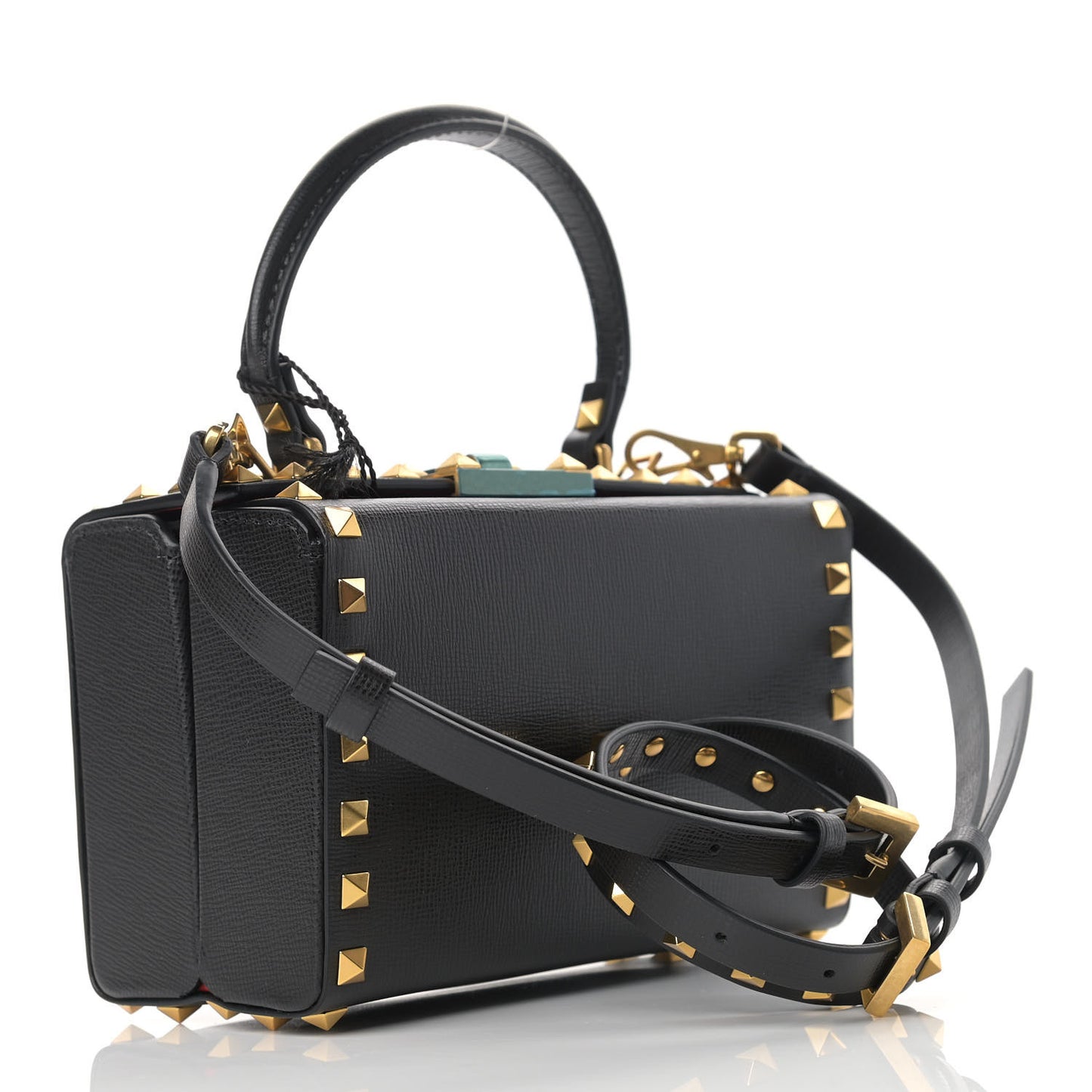 Grainy Calfskin Rockstud Alcove Box Top-Handle Bag Black