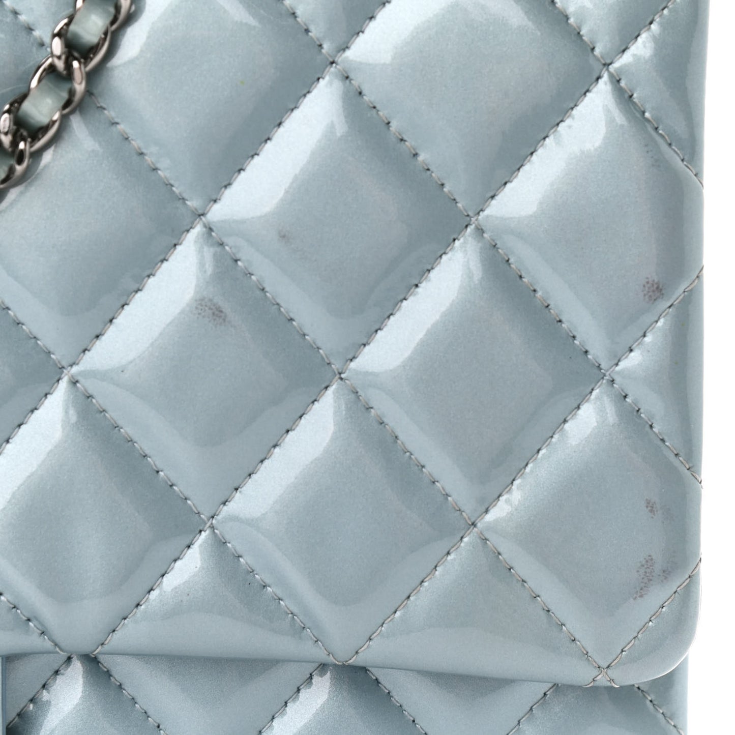 Patent Quilted Clutch With Chain Flap Blue