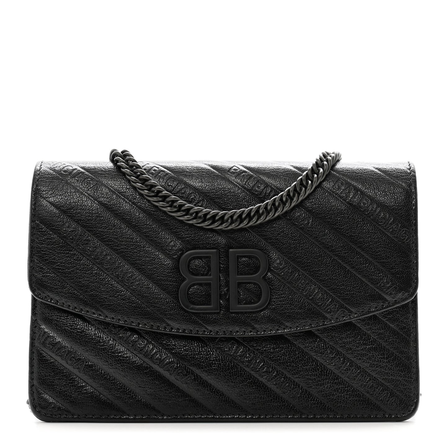 Shiny Goatskin Logo Embossed Monochrome BB Wallet On Chain Black
