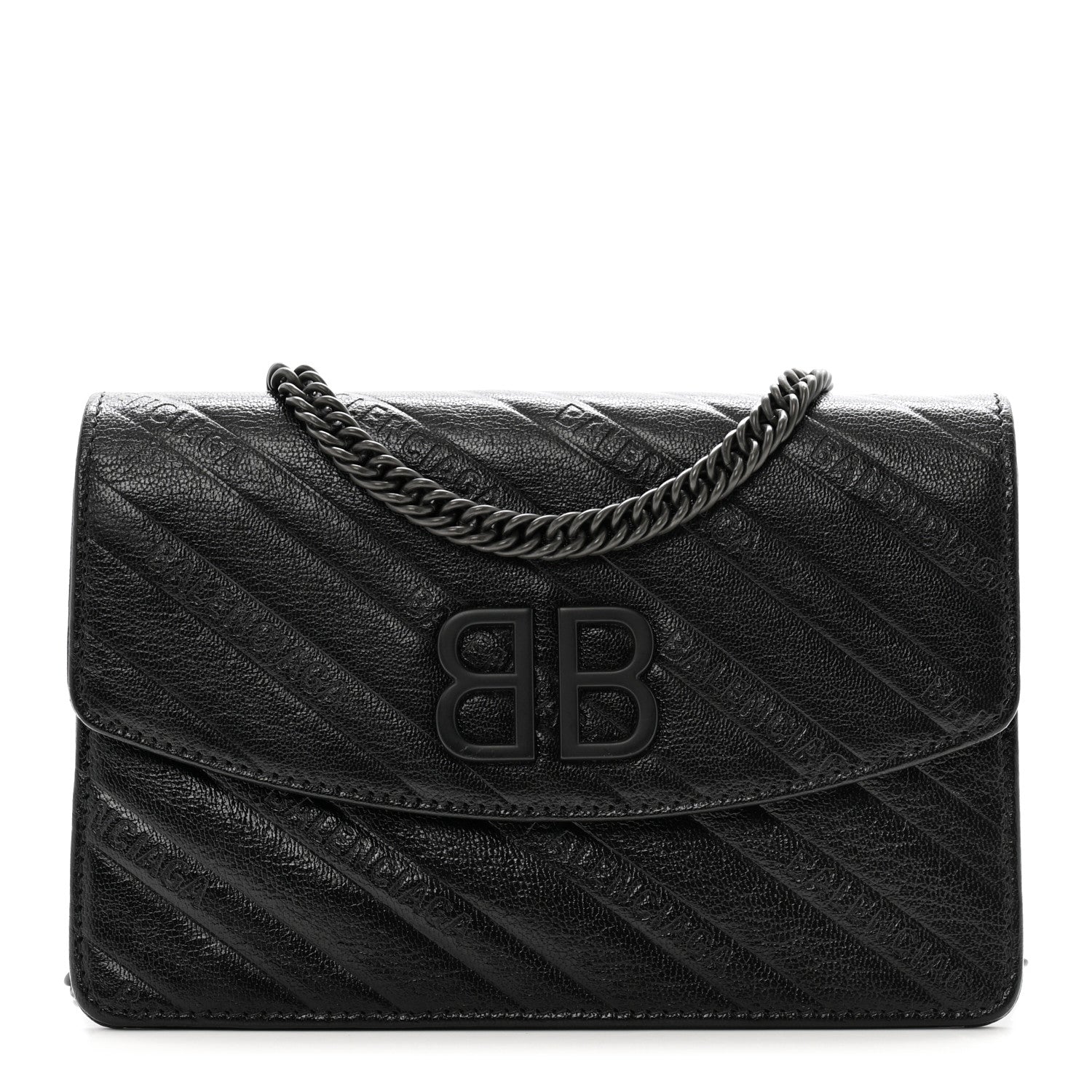 Balenciaga Shiny Goatskin Logo Embossed Monochrome BB Wallet On Chain Black 1 of 9