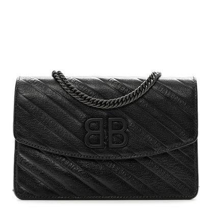 Balenciaga Shiny Goatskin Logo Embossed Monochrome BB Wallet On Chain Black 1 of 9