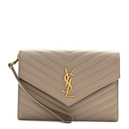 Saint Laurent Grain De Poudre Matelasse Chevron Monogram Envelope Clutch Dark Beige 1 of 8
