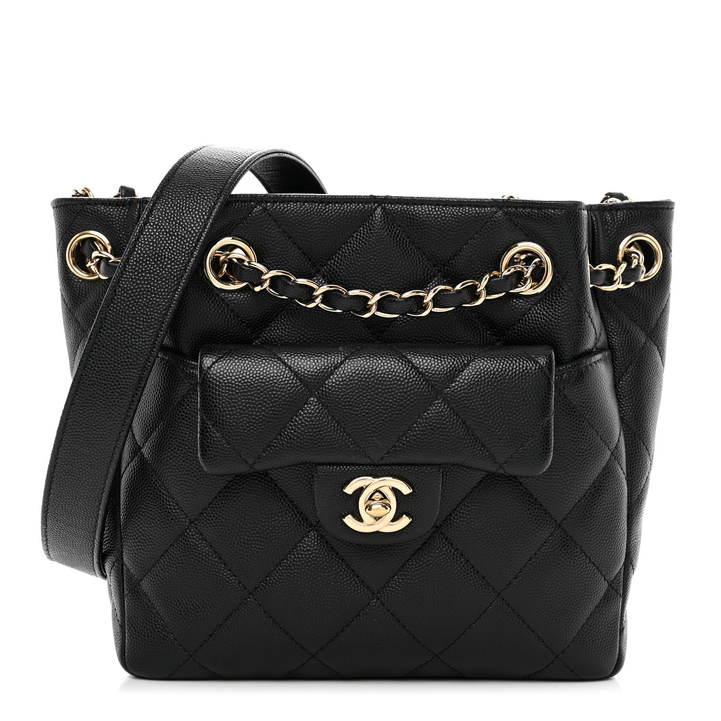 Caviar Quilted Flap Bucket Bag Black