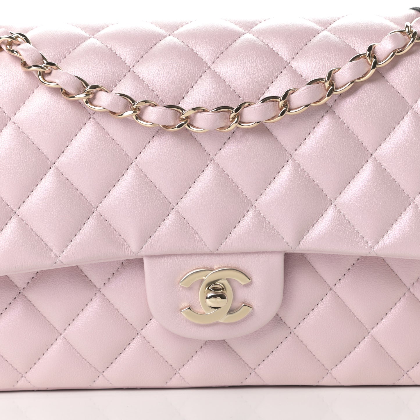 Iridescent Calfskin Quilted Medium Double Flap Light Pink