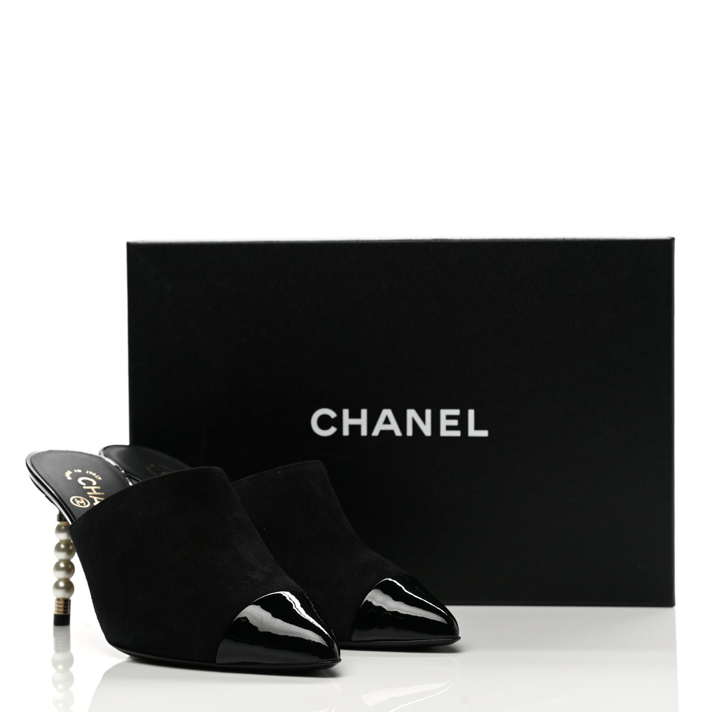 Suede Patent Calfskin Cap Toe Pearl Mule 38 Black