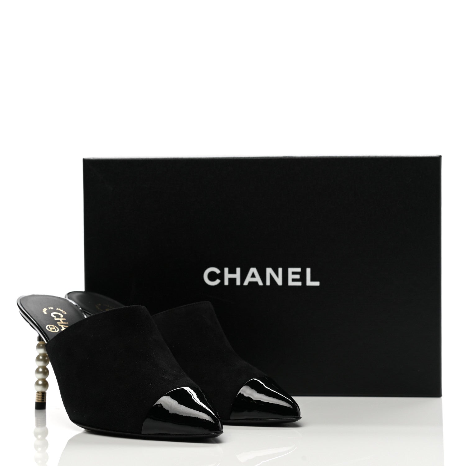 Chanel Suede Patent Calfskin Cap Toe Pearl Mule 38 Black 9 of 9