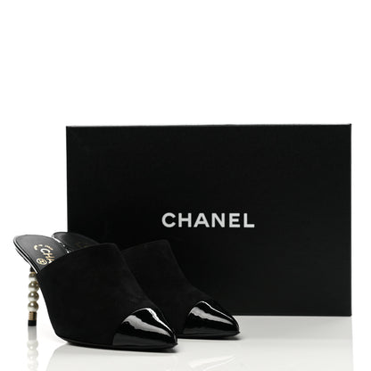 Chanel Suede Patent Calfskin Cap Toe Pearl Mule 38 Black 9 of 9