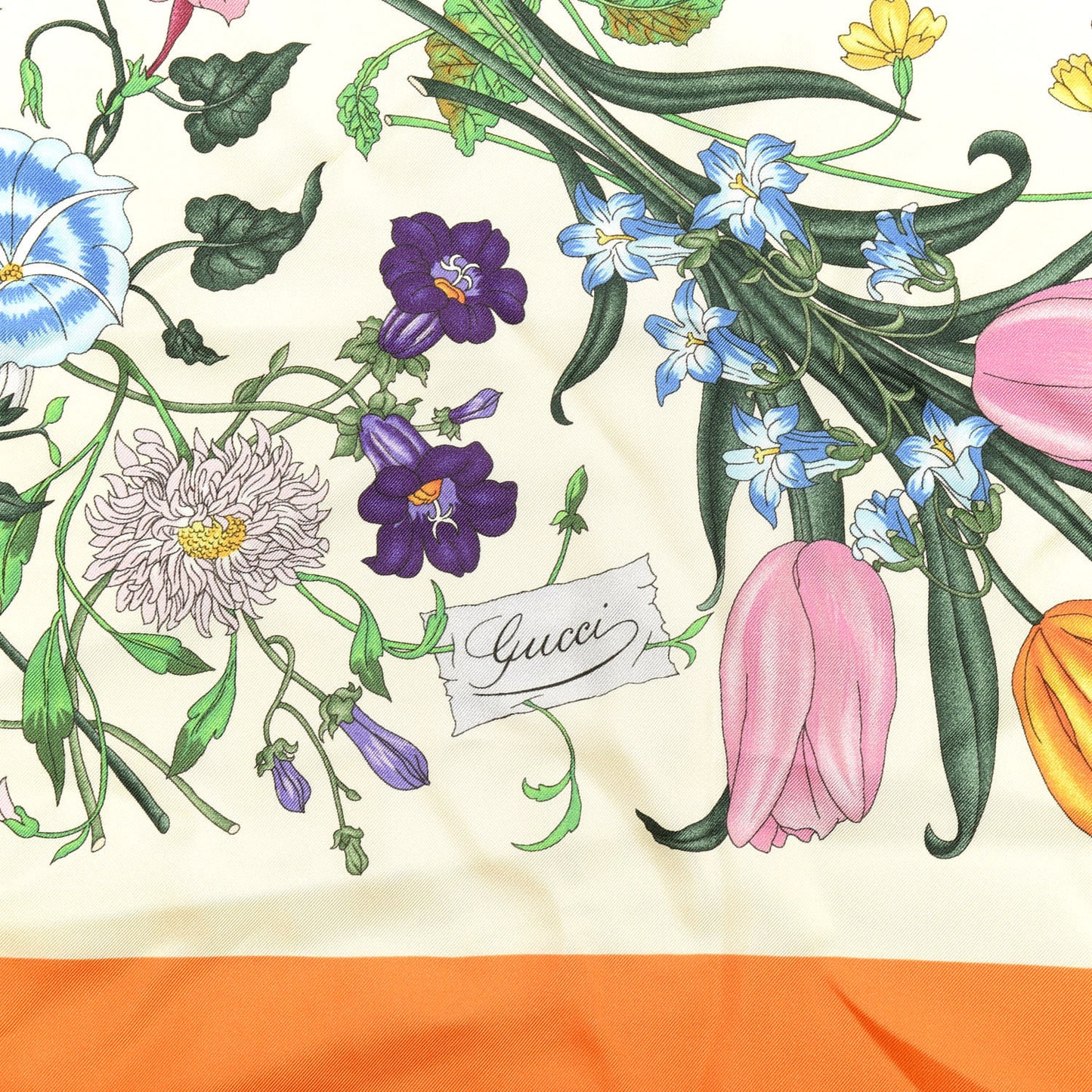 Silk Twill Flora Fluo Square Scarf Ivory Orange