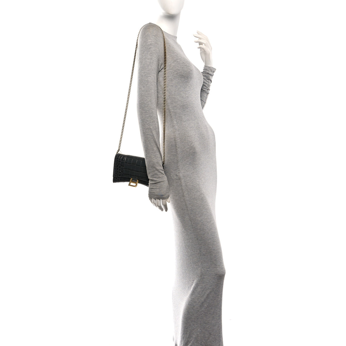 Balenciaga Shiny Calfskin Crocodile Embossed Hourglass Chain Bag Gris 2 of 10