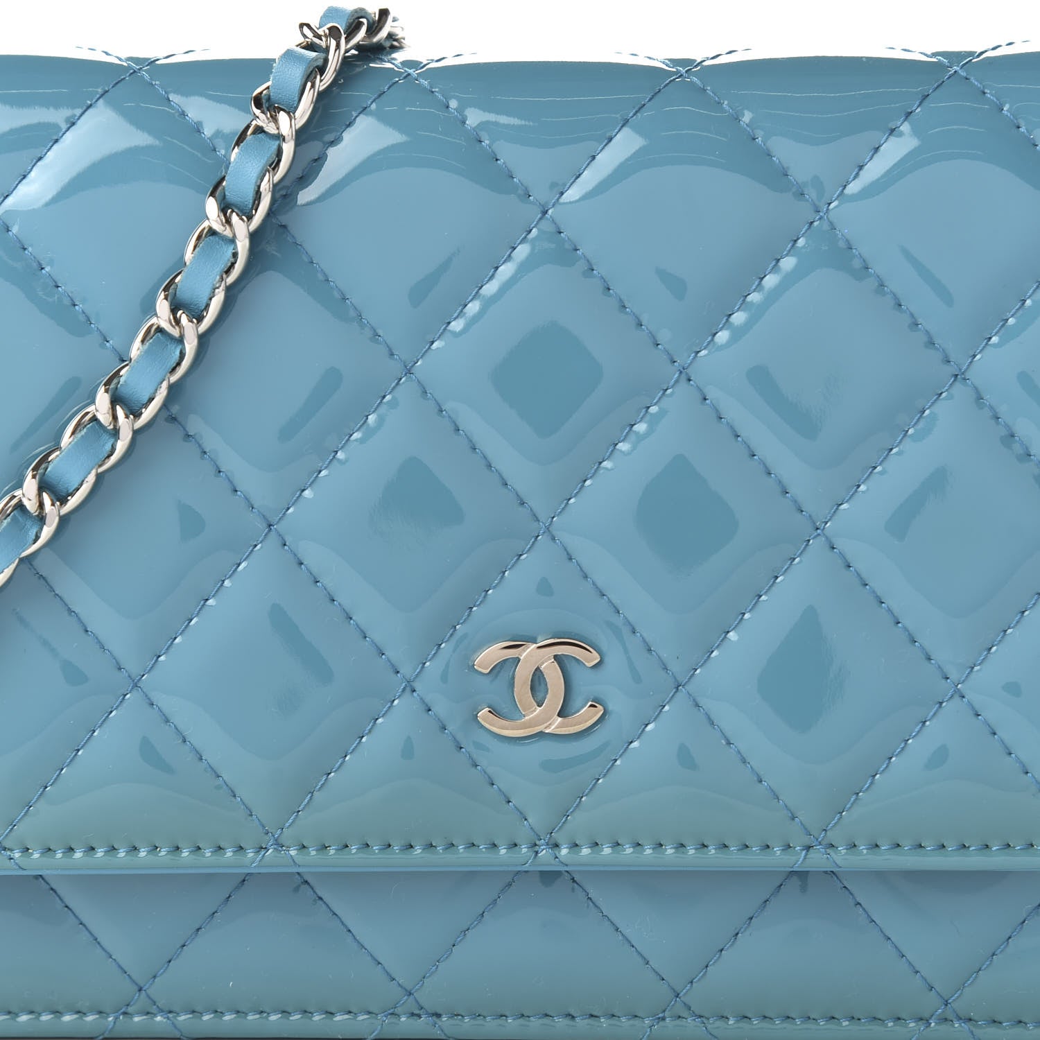 Chanel Patent Quilted Wallet On Chain WOC Blue 11 of 13