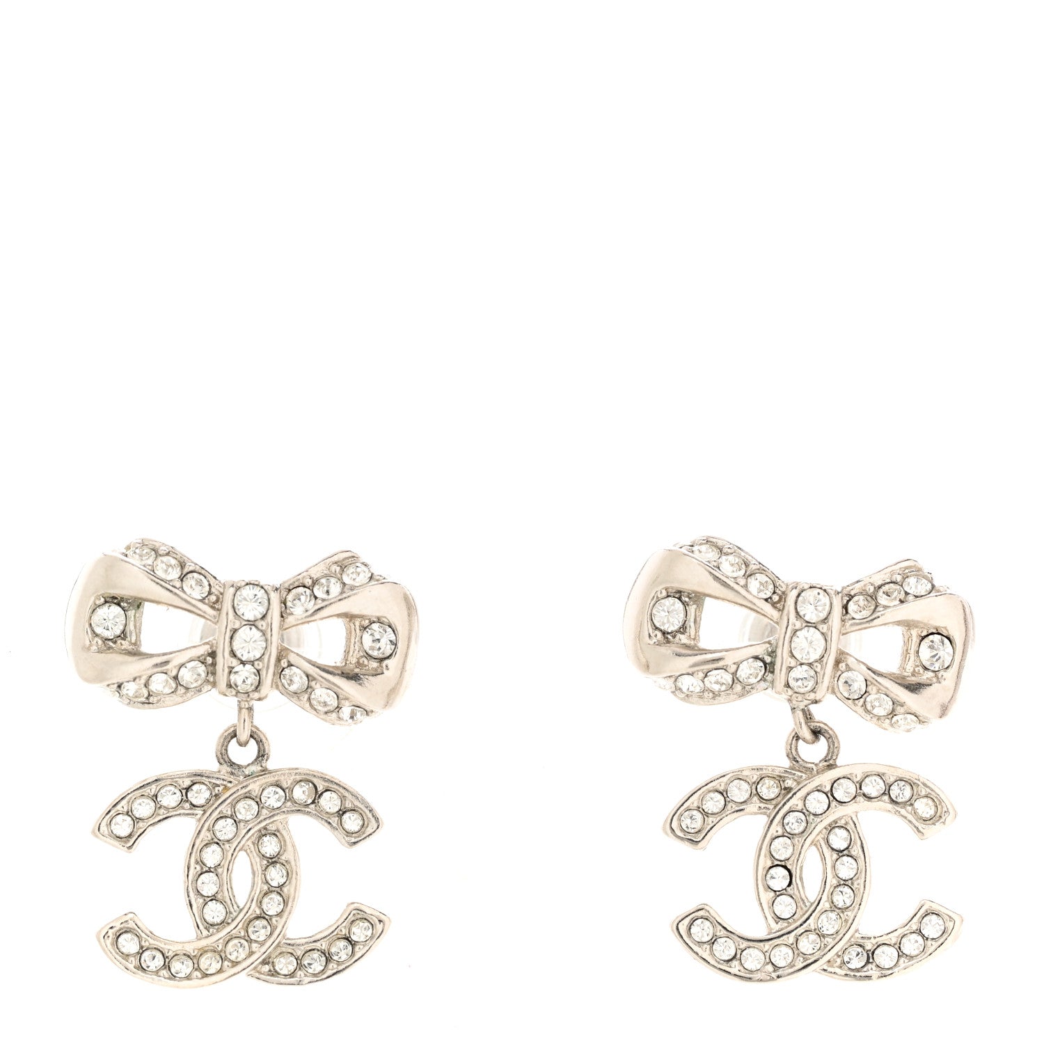 Chanel Crystal CC Bow Dangle Earrings Silver 1 of 4