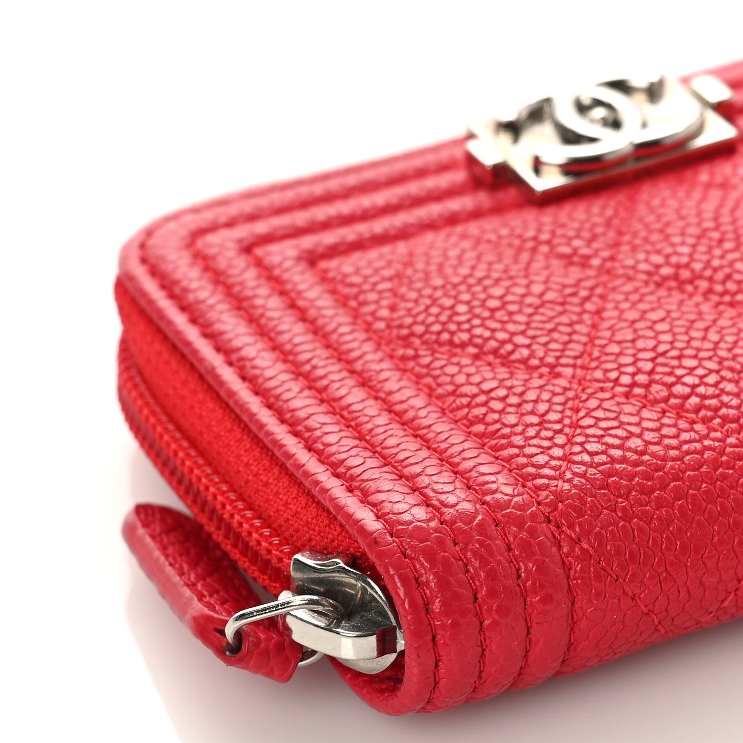 Chanel Caviar Quilted Boy Zip Around Coin Purse Wallet Red 8 of 10