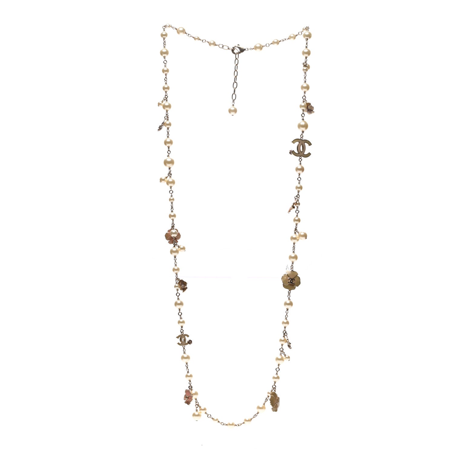 Chanel Pearl Enamel CC Camellia Necklace Gold Beige 3 of 6