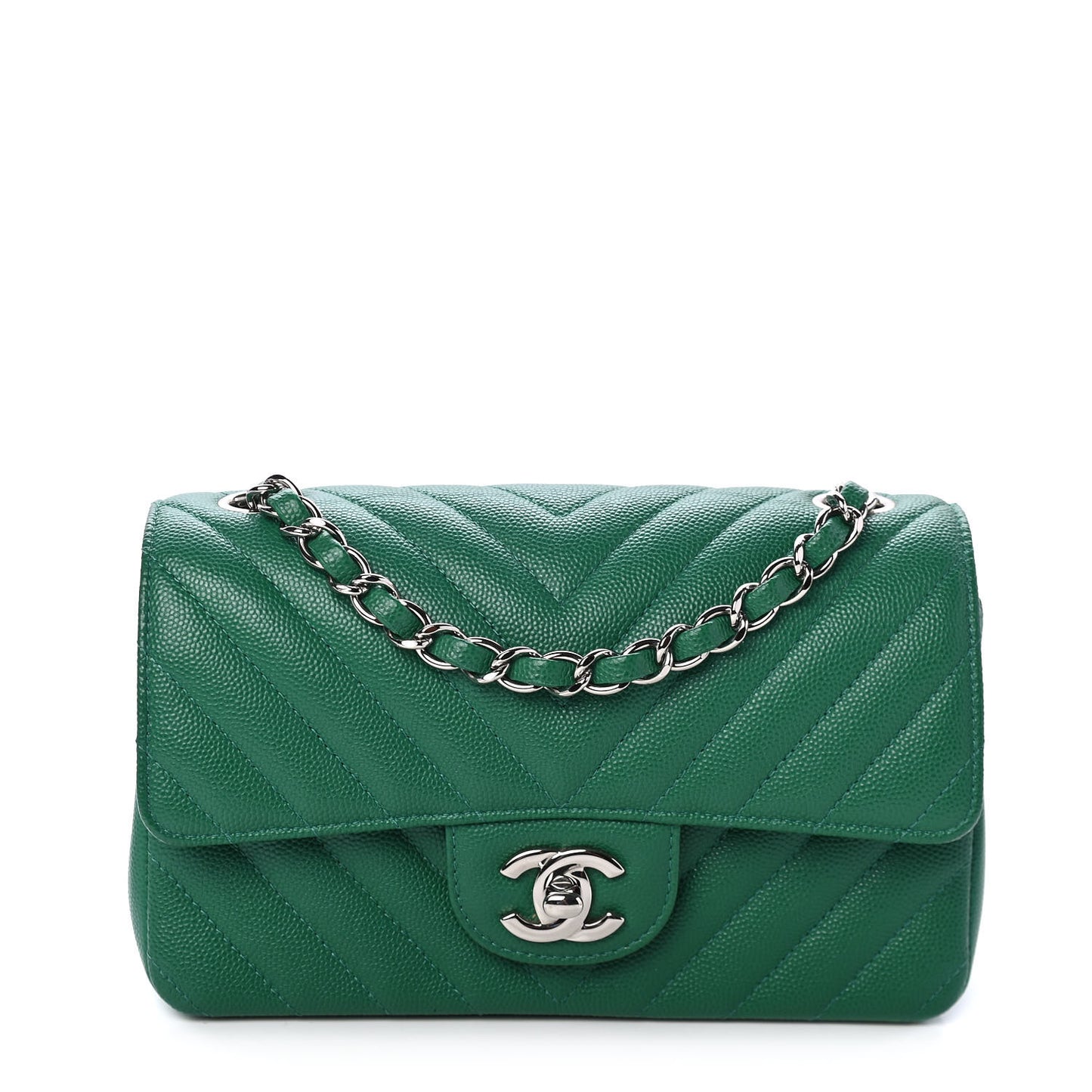 Caviar Chevron Quilted Mini Rectangular Flap Dark Green